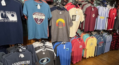 A wall of t-shirts at the Salt Store Gift Shop.