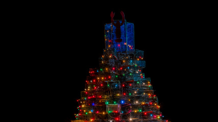 Lobster Trap Tree lit up like a Christmas Tree in Lunenburg.